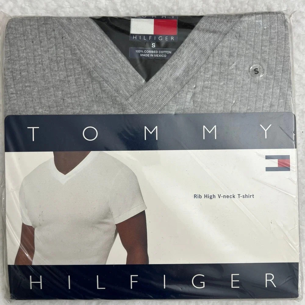 Tommy Hilfiger T-shirt Men Small Grey Rib High V-neck Cotton Vintage NIP